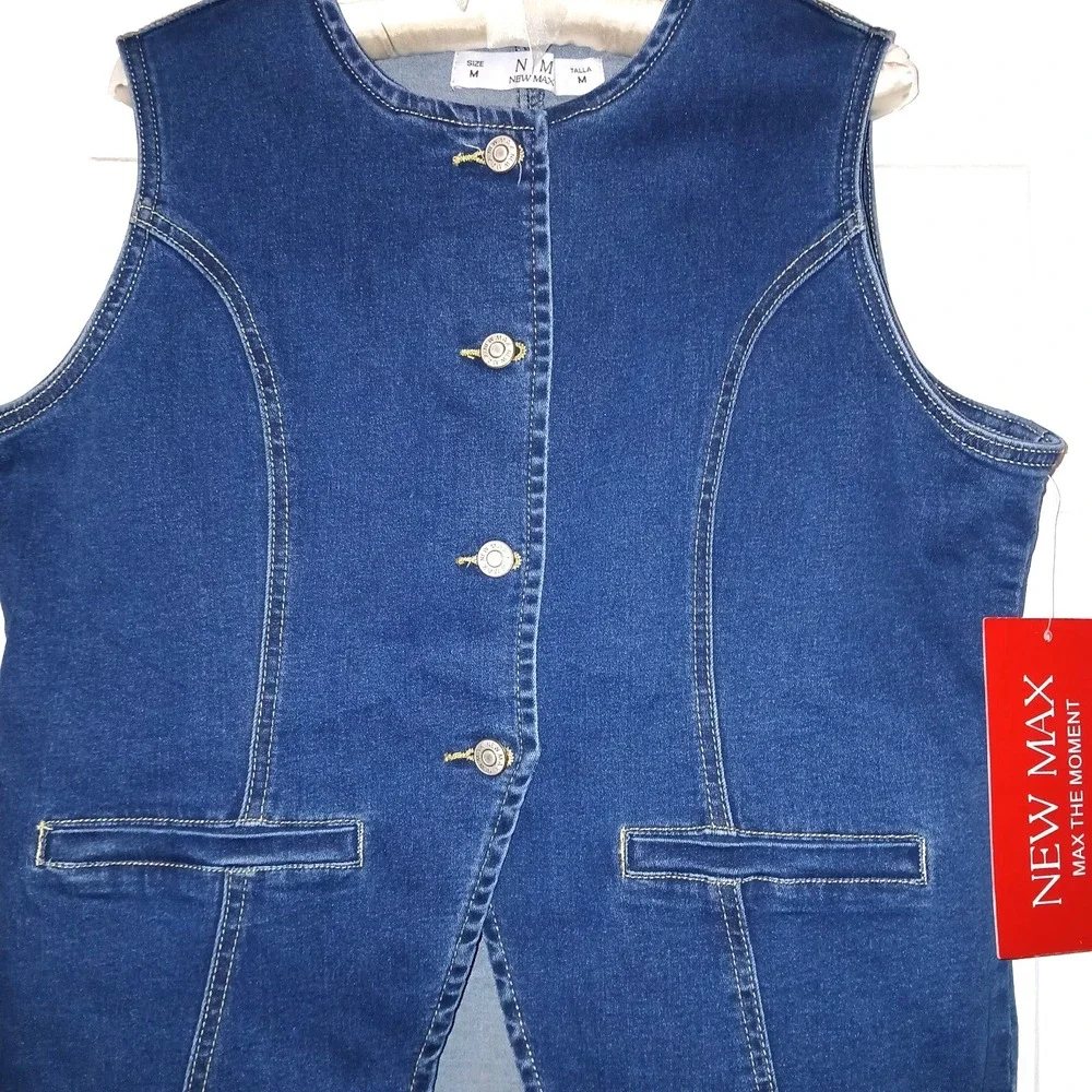 New Max Women Denim Vest Top M Blue Cotton Blend Lagenlook Western Country Jean
